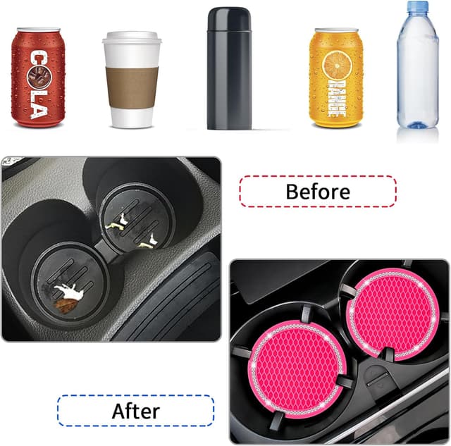 Detalle 2 de COCASES Car Coasters (4-Pack) 2.75" Silicone Rhinestone Cup Holder Coasters – Hot Pink & White Crystal Circle