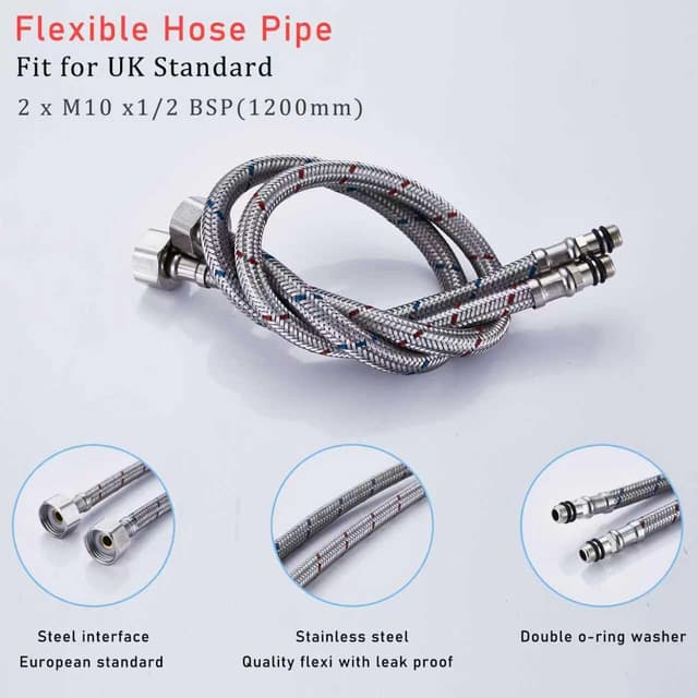 Detalle 2 de Heable pack of 2 kitchen/basin monobloc mixer tap flexi pipe connectors (M10 x 1/2, 1200mm, 304 stainless)