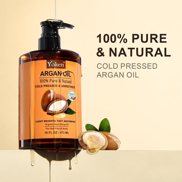 Detalle de Yoken Pure Argan Oil (16 fl oz) — 100% natural cold-pressed Moroccan argan oil for hair, face, scalp, nails & body