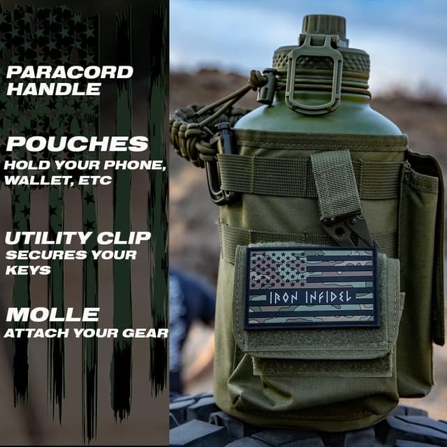 Detalle de Iron Infidel Battle Bottle (Live Free 2 Liter) — Half Gallon Insulated Stainless Water Jug with Removable Sleeve & Paracord Handle