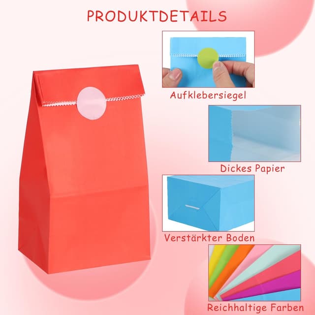 Detalle de XREE 100 bunte Papiertüten (18 x 9 x 6 cm) inkl. 108 Aufklebern – kleine Geschenktüten für Kindergeburtstag & Co.