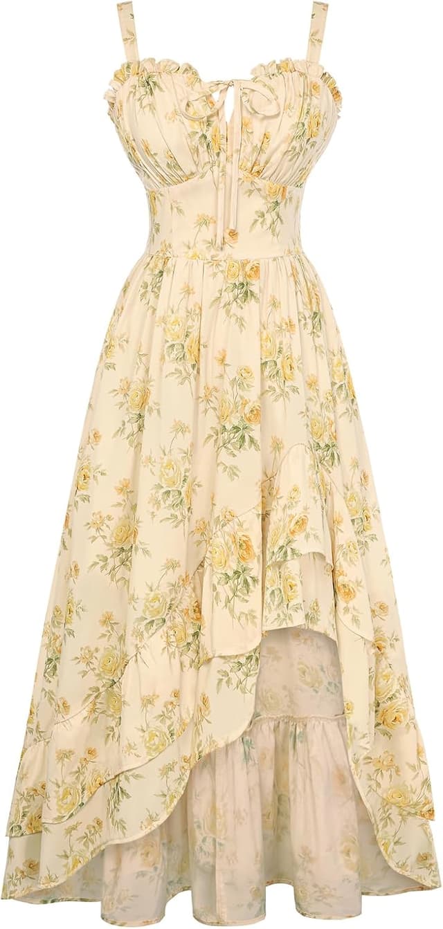 Detalle de SCARLET DARKNESS Robe d’été victorienne à fleurs, longue, bretelles spaghetti et ourlet à volants