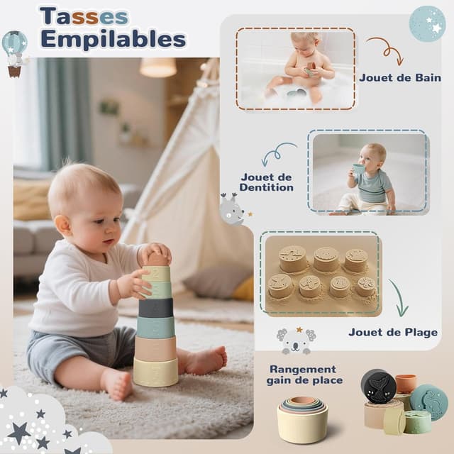 Detalle de Jouet bébé Montessori 5 en 1 (6 mois et +) : tri de formes, empilement, xylophone et jeux sensoriels