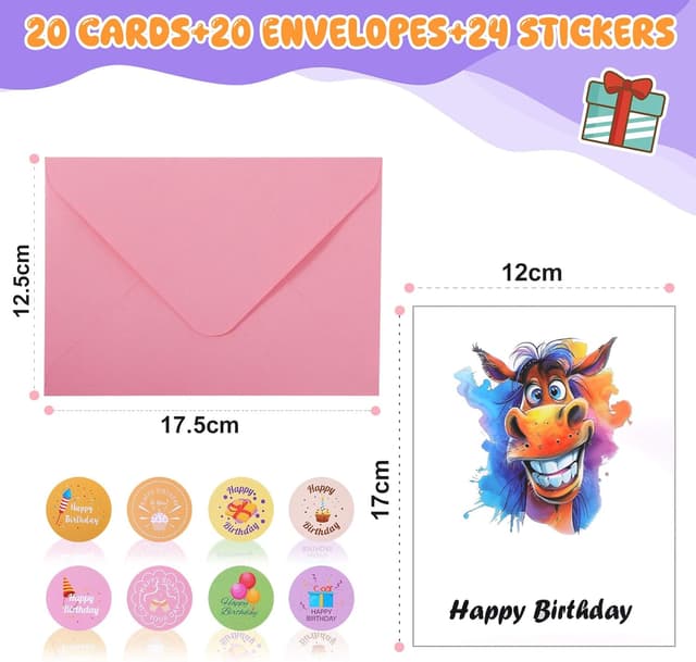 Detalle 2 de 20 Pack Animal Birthday Cards with Envelopes (12 x 17 cm) & Stickers – Multipack for Bulk Birthday Greetings