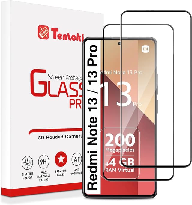 Detalle de Tentoki Hartglas Displayschutzfolie (2 Stück) für Xiaomi Redmi Note 13 / 13 Pro 4G/5G, 9H – Schwarz