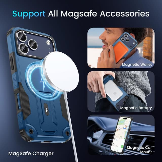 Detalle de 3-in-1 iPhone 17 Pro case with MagSafe, invisible kickstand & HD screen protector (Blue)