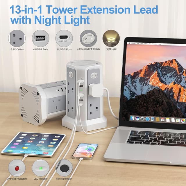 Detalle 2 de Tower Extension Lead 8-Way 13A 3250W, 5 USB Ports đ