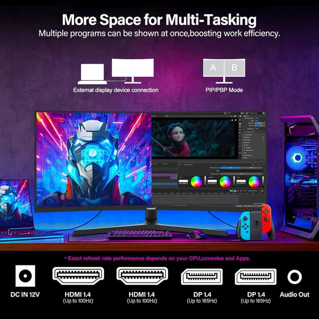Detalle de Gawfolk 34" Ultrawide Curved Gaming-Monitor (1500R) – UWQHD 3440×1440, 165 Hz, FreeSync, VESA 75×75