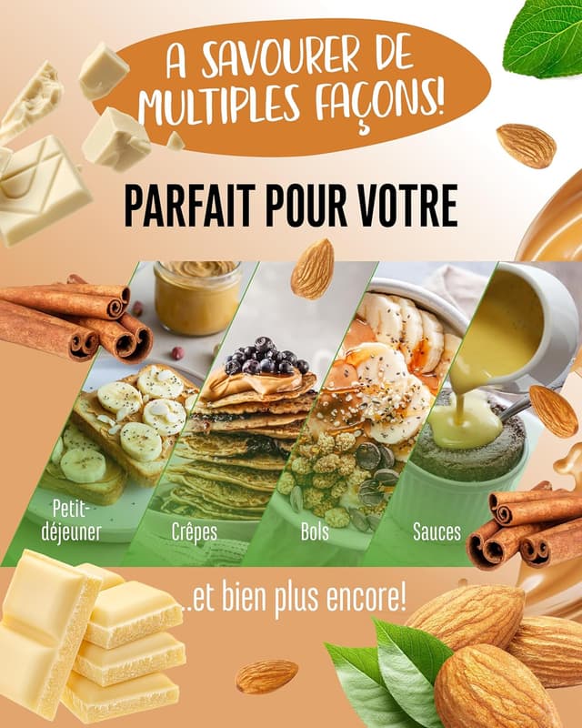 Detalle 2 de vit4ever Beurre d’amande Chocolat blanc Cannelle, 1 kg (naturel) – texture onctueuse, sans huile de palme