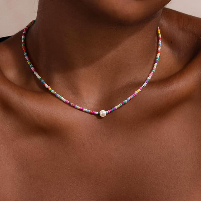 Detalle de TINGN Bunte Perlenkette für Damen, handgefertigt im Boho-Stil mit verstellbarer Länge