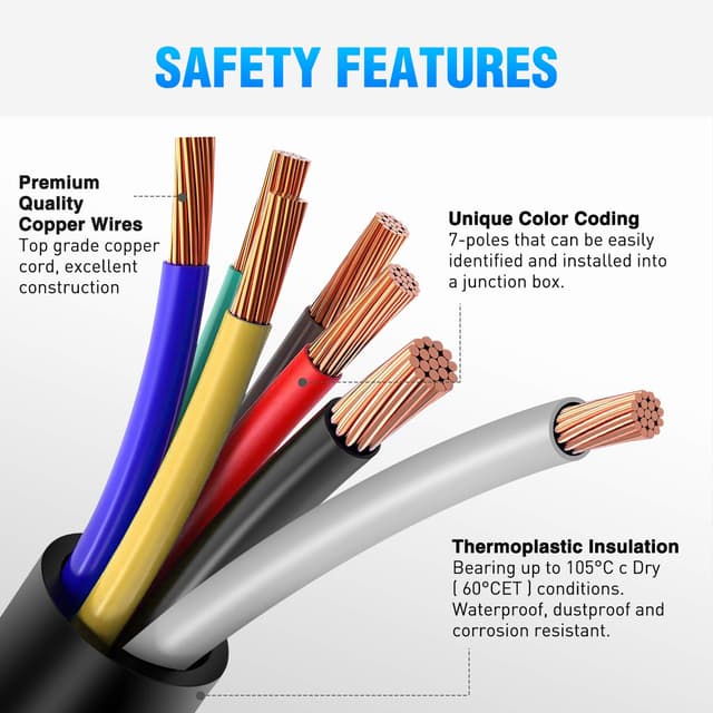 Detalle de Nilight 50049R 7-Way 8-Foot Heavy-Duty Trailer Cord (7-Way Plug Inline) for RV & Camper Wiring