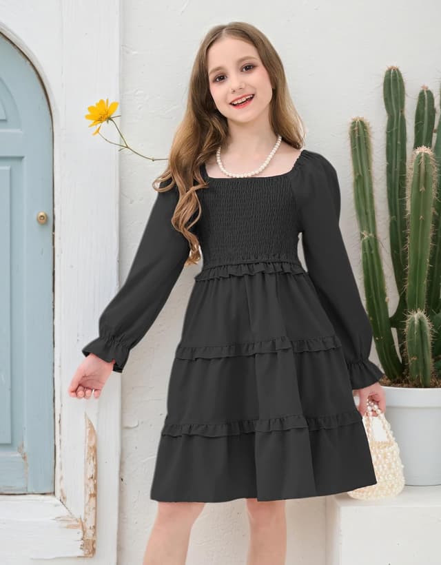 Detalle de JiAmy Girls Long Sleeve Tiered Party Dress (4–12 Years) with Side Pockets