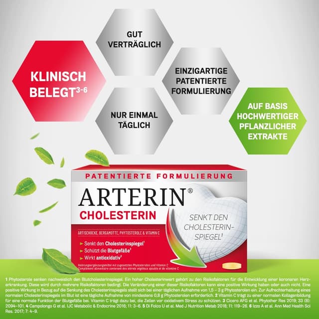 Detalle de ARTERIN Cholesterin – Nahrungsergänzungsmittel mit Phytosterolen und Vitamin C, 1 x 90 Tabletten