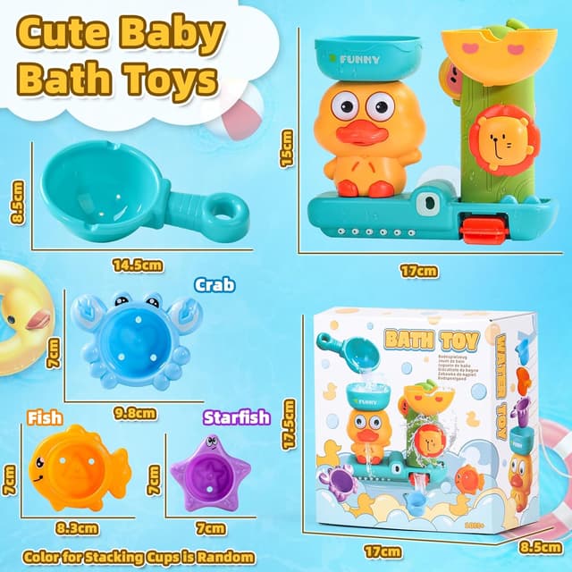 Thumbnail 6 de Badewannenspielzeug für Babys ab 1 Jahr – Badespielzeug mit Ente/Löwe, Wasserrad und Saugnäpfen (3 Saugnäpfe, 3 Stapelbecher, Löffel)