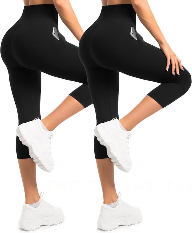 Detalle de Sanpetix Women’s 3/4 Leggings with Pockets (2-Pack) – High-Waisted Capri Gym & Yoga Trousers