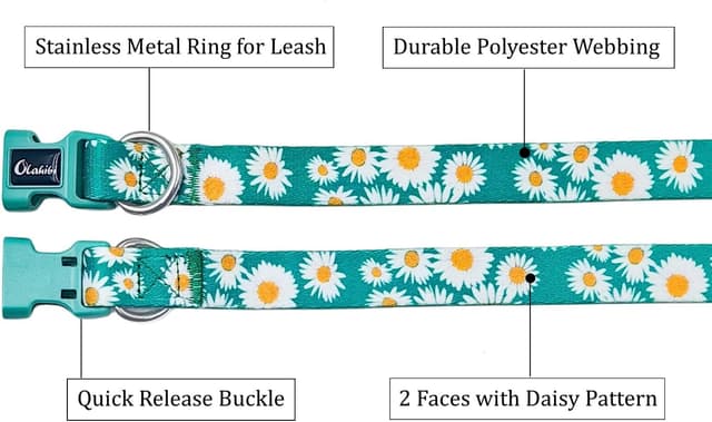 Detalle de Olahibi Basic Dog Collar (L, Green Daisy) – soft adjustable polyester with stainless D-ring