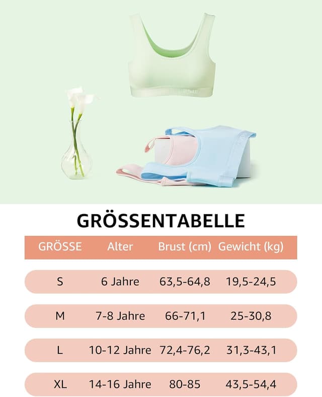 Detalle 2 de INNERSY Mädchen-Bustier Sport-BH aus Baumwolle ohne Bügel (Bralette) – 3er Pack, für 6–16 Jahre