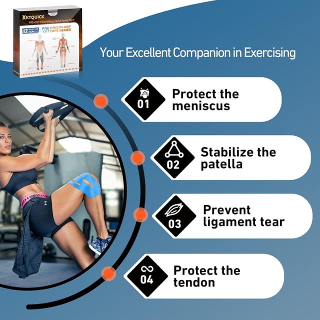 Detalle de KTQUICK Precut Kinesiology Tape for Knees (12PCS) – waterproof, breathable elastic support tape