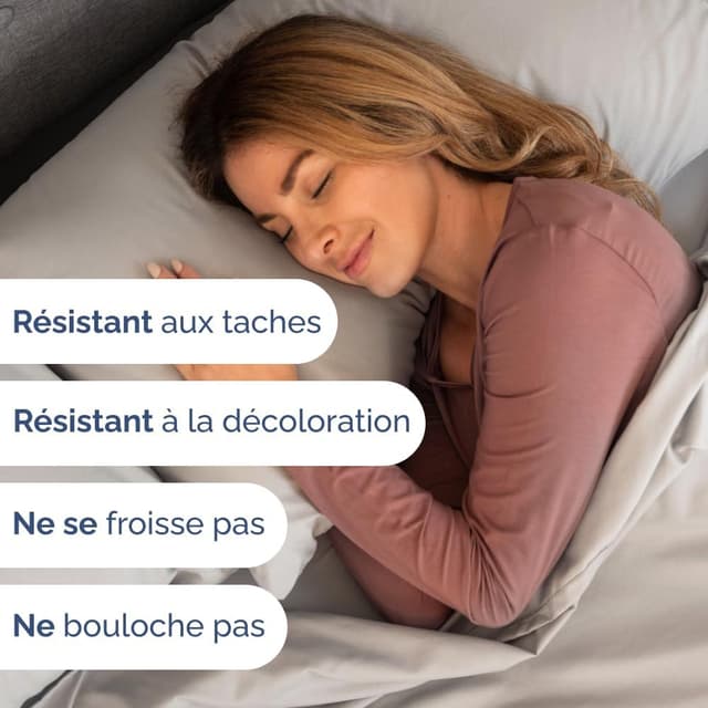 Detalle 2 de Ensemble de draps 4 pièces gris clair : drap plat 225x255, drap-housse 135x190 et 2 taies 50x80