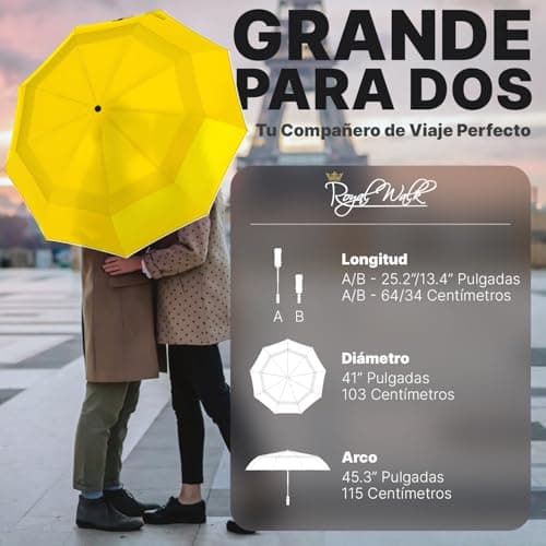 Detalle 2 de Royal Walk paraguas de viaje plegable antiviento con doble toldo ventilado, mango de madera y apertura automática (amarillo, L)