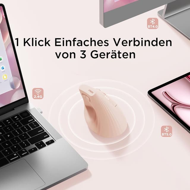 Detalle de Uineer kabellose vertikale Multi-Device Maus (Tri-Mode) mit 2.4G/BT 4.0/5.0, 4 DPI-Stufen und 6 Tasten – Rosa