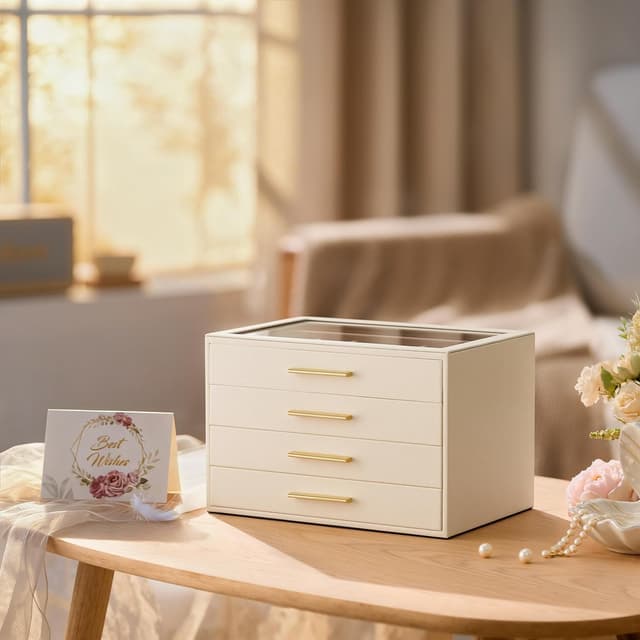 Detalle de pickpiff 4-Layer Jewellery Box Organiser Case with Glass Window (Ivory Leather, Pink Velvet)