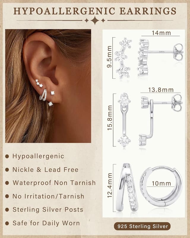 Detalle 2 de Set orecchini ZNBOH in argento 925 (3 paia) con zirconi: cerchietti e farfalle/quadrifoglio per fori multipli