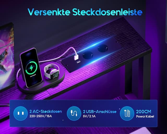 Detalle de Coleshome Gaming Tisch mit LED, 140×48 cm, Monitorständer und Stoff-Schubladen in Schwarz