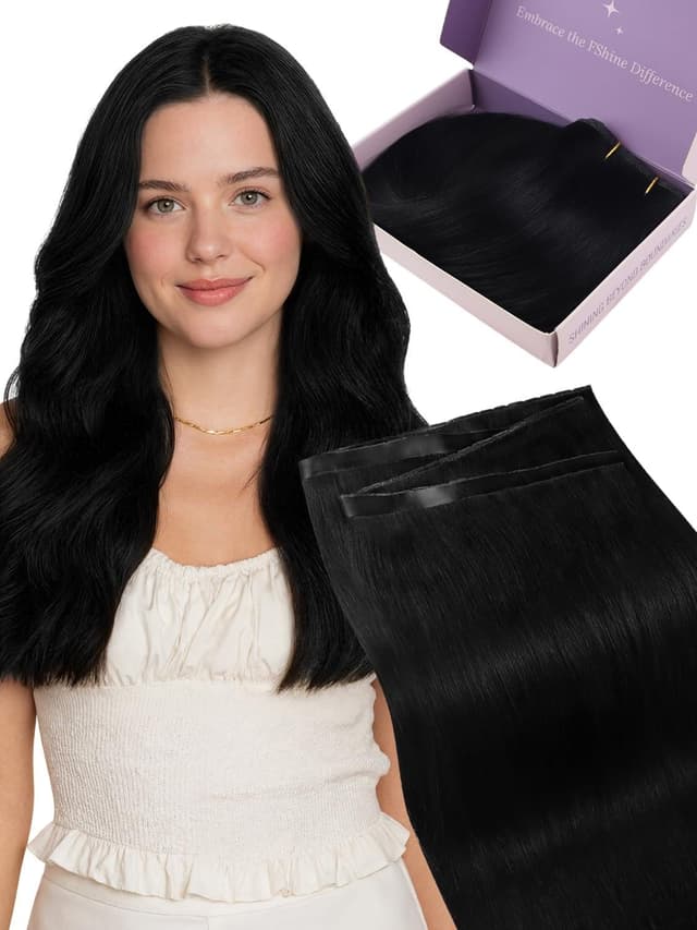 Detalle de fshine Echthaar Tressen Schwarz (Butterfly Weft) 60 cm, 100 g – ultradünne PU-Tresse für nahtlosen Look
