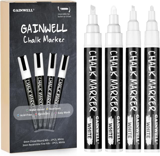 Detalle de GAINWELL White Liquid Chalk Markers (3mm & 6mm nibs) – Water-Based Wet Wipe Erasable, 4 Pack