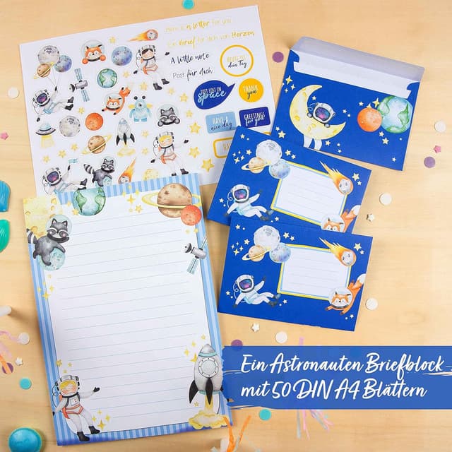 Detalle 2 de Papierdrachen Briefblock Set mit Astronauten-Motiven: 50 Briefbögen, 20 Umschläge & Stickerbogen