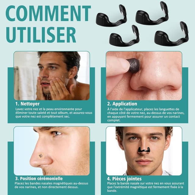 Detalle 2 de Bandelettes nasales magnétiques anti-ronflement (lot de 60) avec 4 pinces nasales – Noir