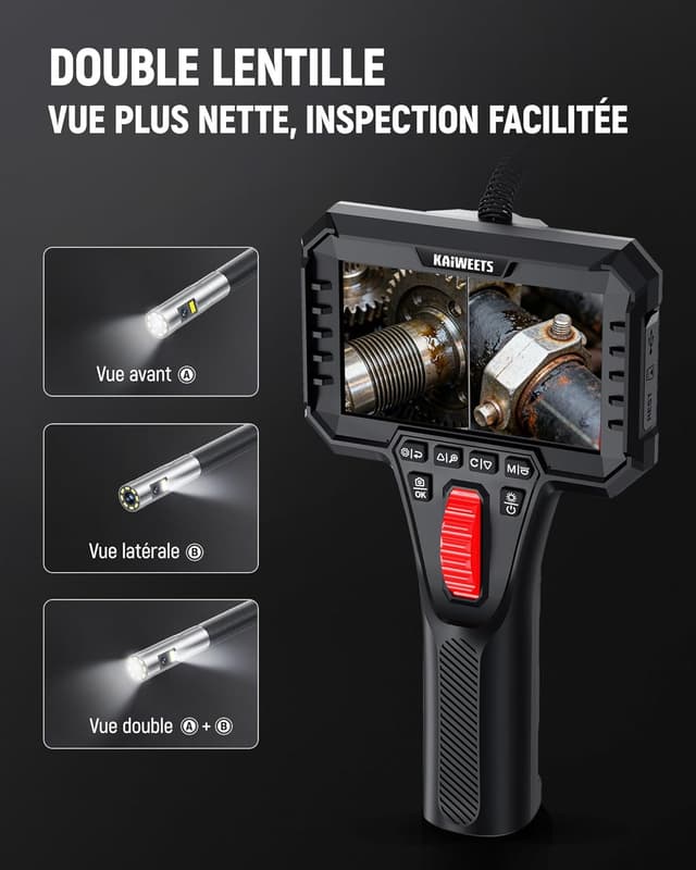 Detalle de KAIWEETS caméra endoscopique articulée double objectif 210° avec éclairage et écran IPS 1080P