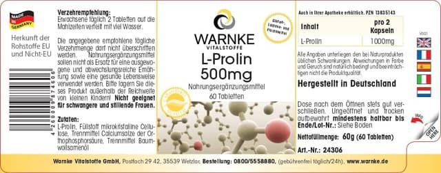 Thumbnail 1 de Warnke Vitalstoffe L-Prolina 500mg Vegana 60 comprimidos 💊