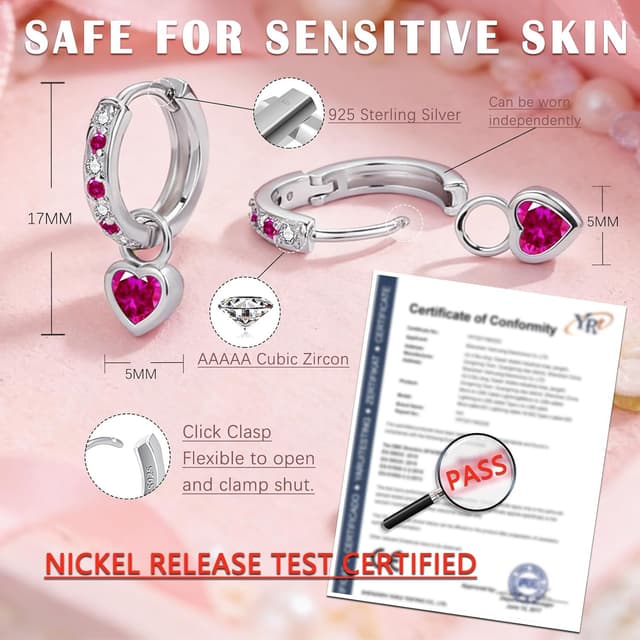 Detalle de Bewenda Ohrringe aus Silber 925 für Kinder & Damen – Creolen mit Herz-Anhänger und Zirkonia (inkl. Geschenkbox)