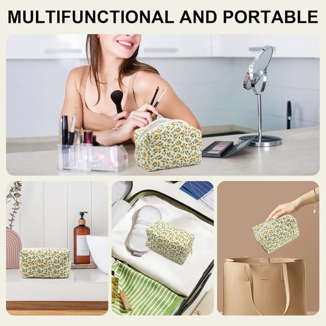 Detalle 2 de Long Keeper Floral Small Makeup Bag (Yellow) – Portable Cosmetic & Toiletry Pouch