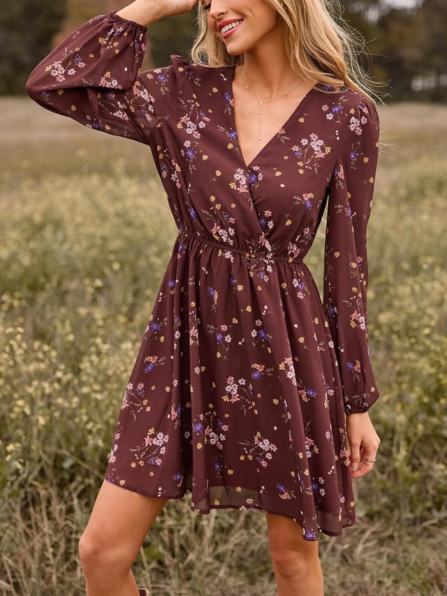 Detalle de Cupshe abito autunnale in chiffon da donna mini a trapezio con maniche lunghe a sbuffo e scollo a V