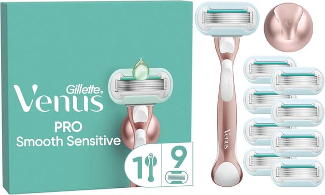 Detalle de Gillette Venus Pro Smooth Sensitive Damenrasierer mit 9 Ersatzklingen – Metallhandstück & Duschhalterung
