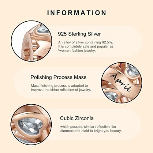 Detalle 2 de NINGAN Charms abalorios de plata de ley 925 con piedra del zodiaco (Abril) y circonita