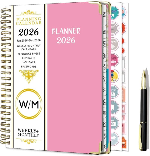 Detalle de NEYSA Agenda 2026 A5 semainier spirale (janvier à décembre) avec autocollants, stylo et pochettes