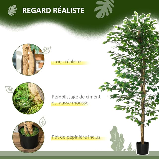 Detalle de HOMCOM Lot de 2 ficus artificiels d’intérieur (hauteur 1,80 m) avec pots