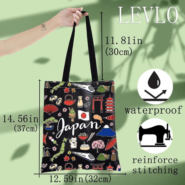 Detalle 2 de LEVLO Japan Travel Pouch Bag (Japan Theme) – Cotton Canvas Zipper Pouch for Toiletries, Makeup & Souvenirs