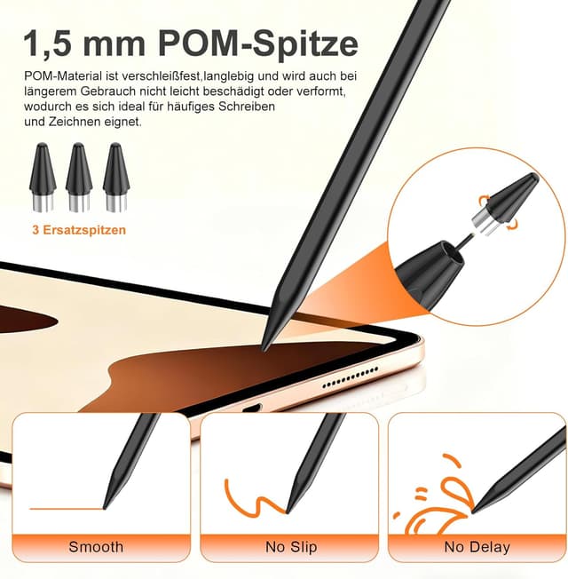Detalle 1 de Android Tablet Stift mit 3 POM-Federspitzen und USB‑C Schnellladung (magnetische Haftung) – Stylus Pen Type‑C für Touchscreens, Schwarz