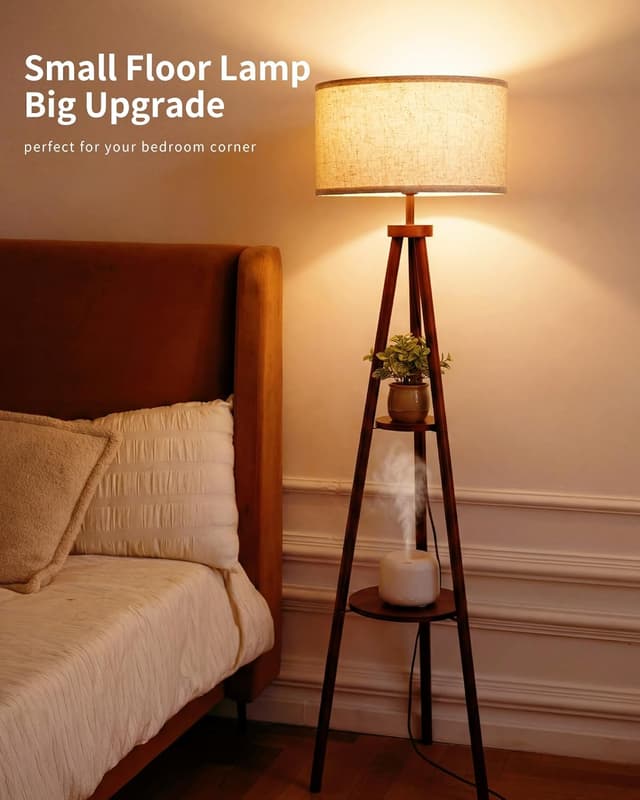 Detalle de LuminexDesigns Lampada da Terra Vintage su Treppiede in Legno con Ripiano e Paralume in Tessuto (interruttore a pedale)