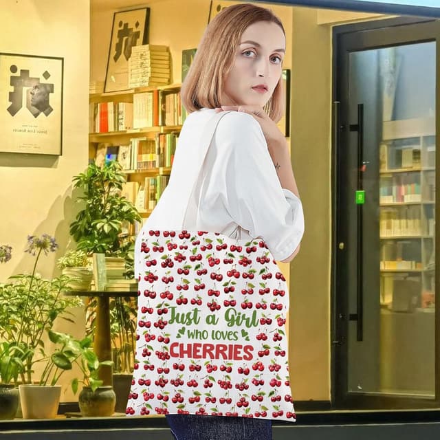 Detalle de LEVLO Funny Cherry cotton canvas cosmetic bag – “Just A Girl Who Loves Cherries” zip pouch