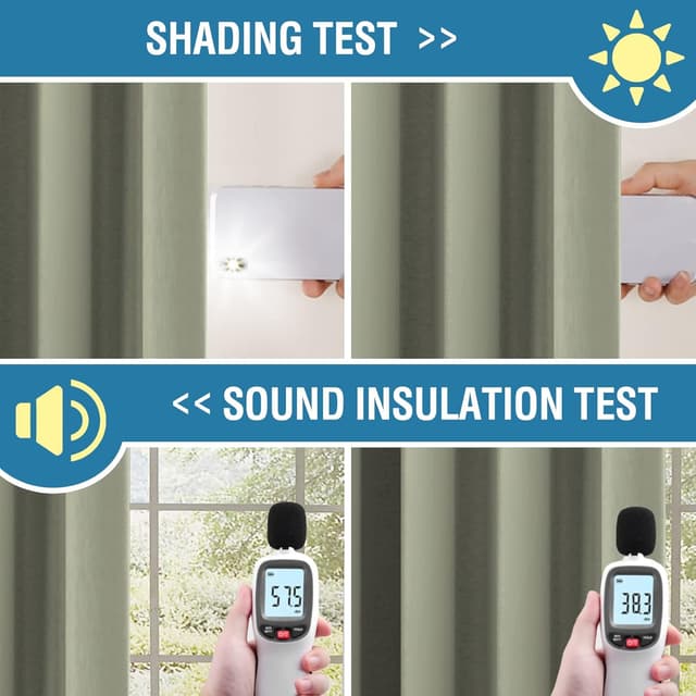 Detalle de BellaHills 100% blackout pencil pleat curtains (2 panels) in Light Sage, with black liner