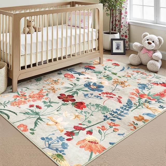 Detalle 2 de Beige waschbarer Teppich mit Blumenmuster 120x170 cm – kurzflor, rutschfest für Wohn- und Schlafzimmer