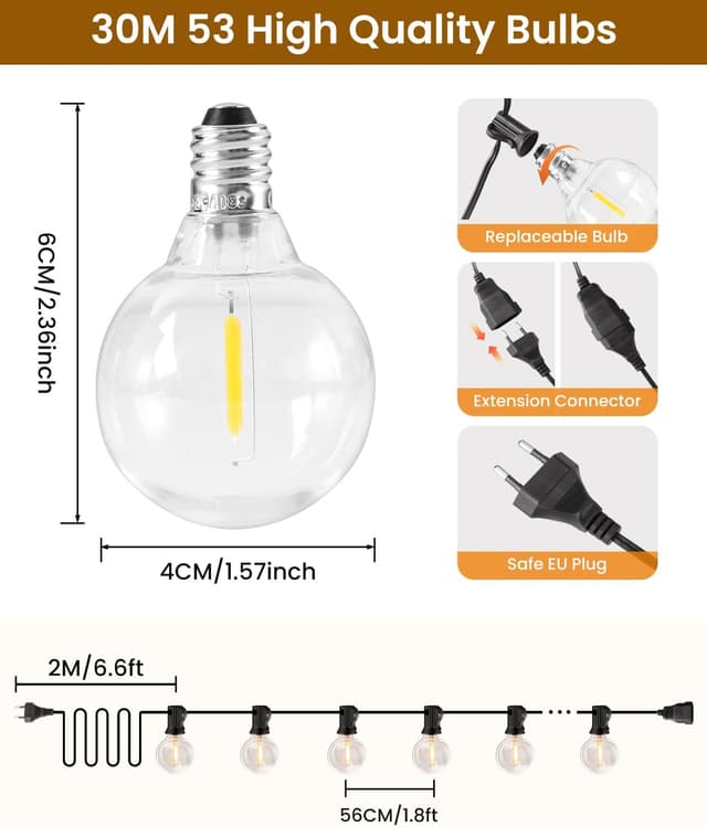 Detalle de Rintea Catena luminosa da esterno 30 m con 50+3 LED 0,6W e luce calda 2700K (IP44)