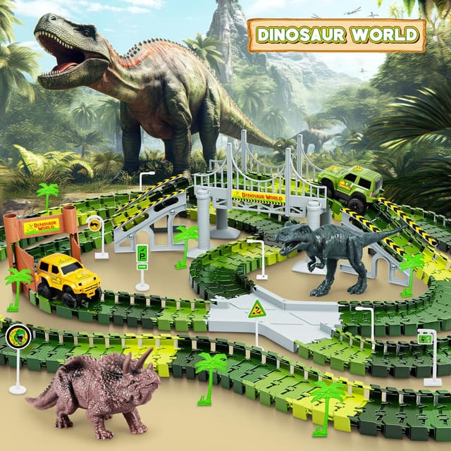 Detalle de Dinosaur Tracks 271-Piece Flexible Dinosaur World Road Race Train Track Set (Race Cars + Dinosaur Figures) for Ages 3+