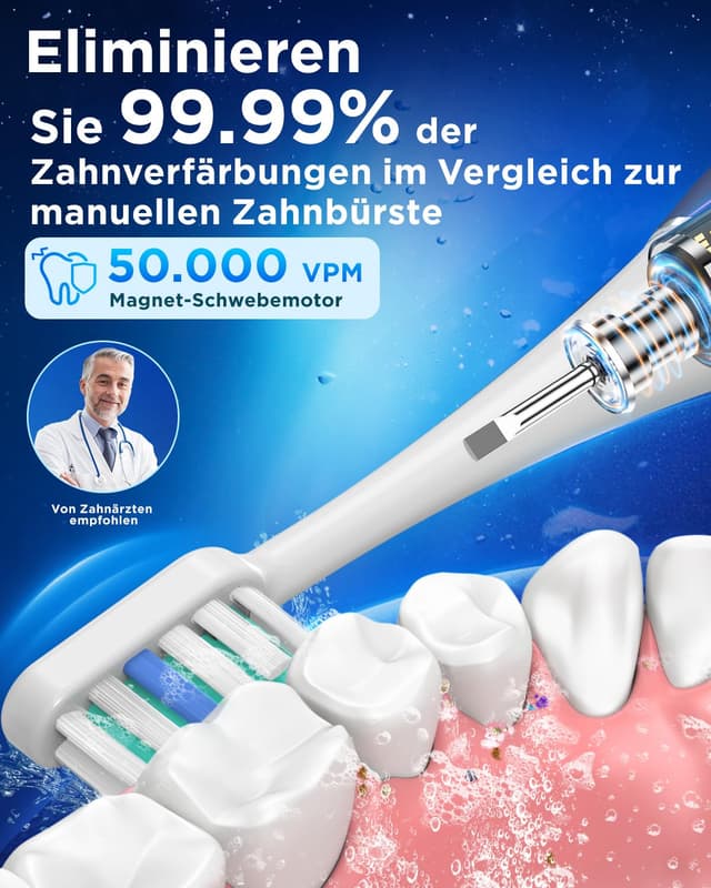 Detalle 2 de Elektrische Schallzahnbürste für Erwachsene & Kinder mit 8 Bürstenköpfen, Timer und 5 Putzmodi